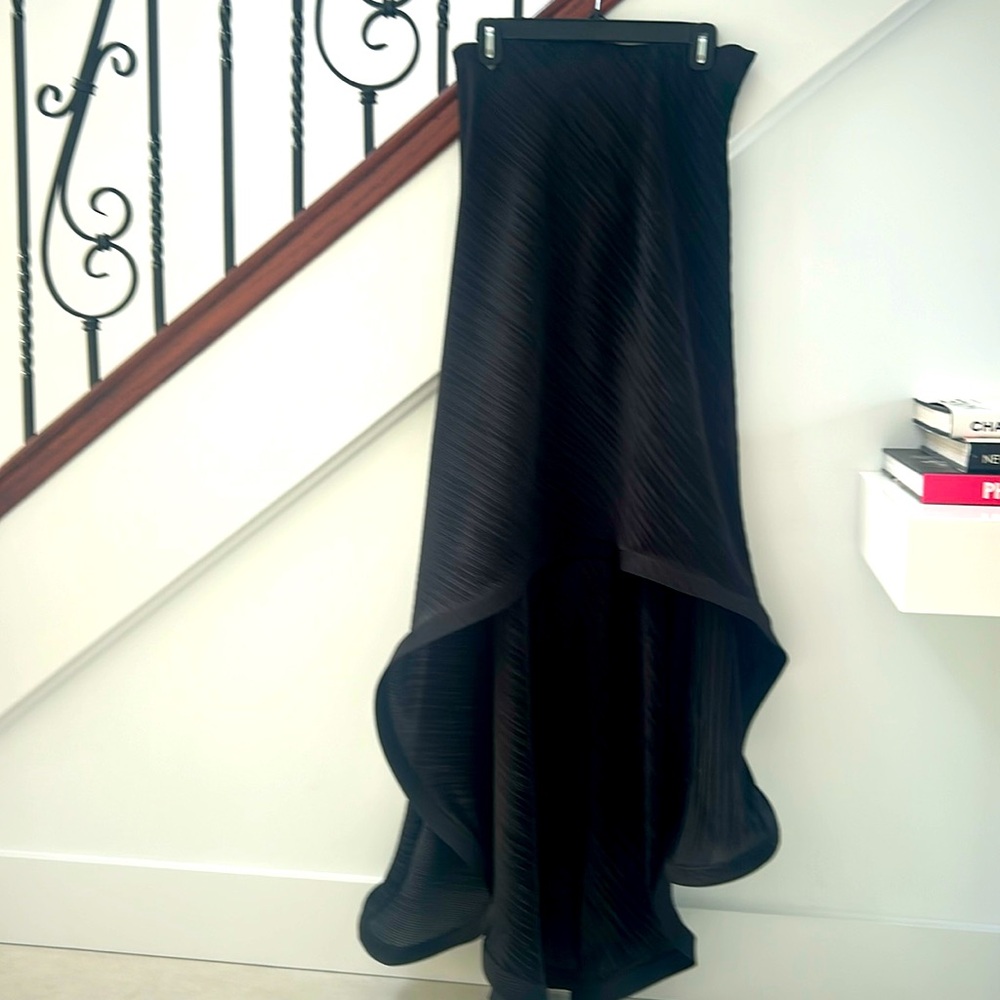 Strapless formal gown, high above knee front, long full length in back